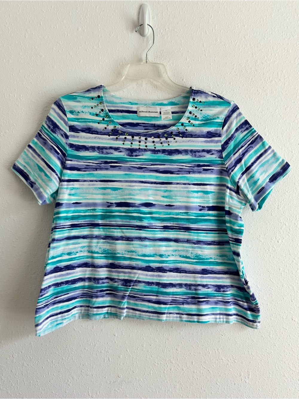 Alfred Dunner Teal, Aqua & Navy Striped Short Sleeve Top Size XL